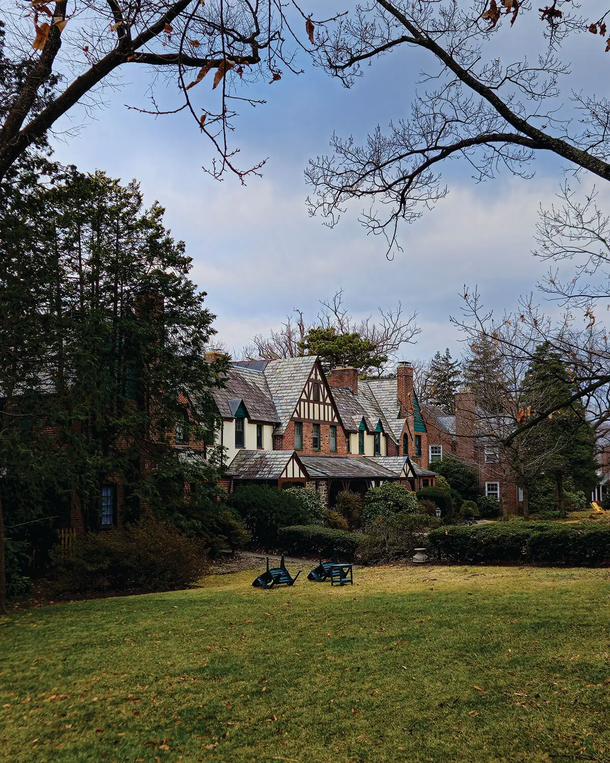 A charming Tudor-style house with intricate timber framing